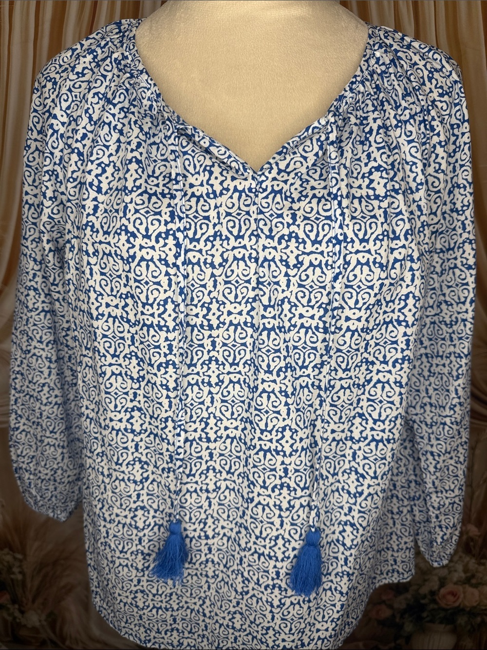 J. Crew Blue and White Printed Peasant Tunic with Tassels